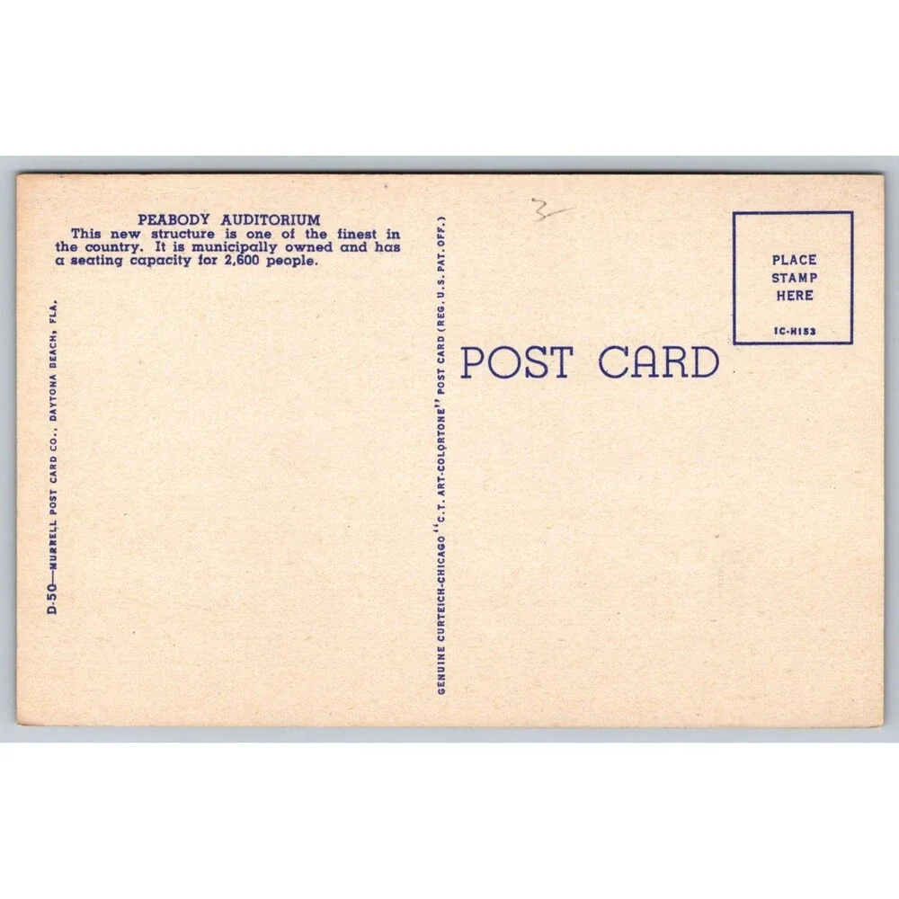 Vintage 1951 Linen Postcard Peabody Auditorium Daytona Beach Florida FL Unposted